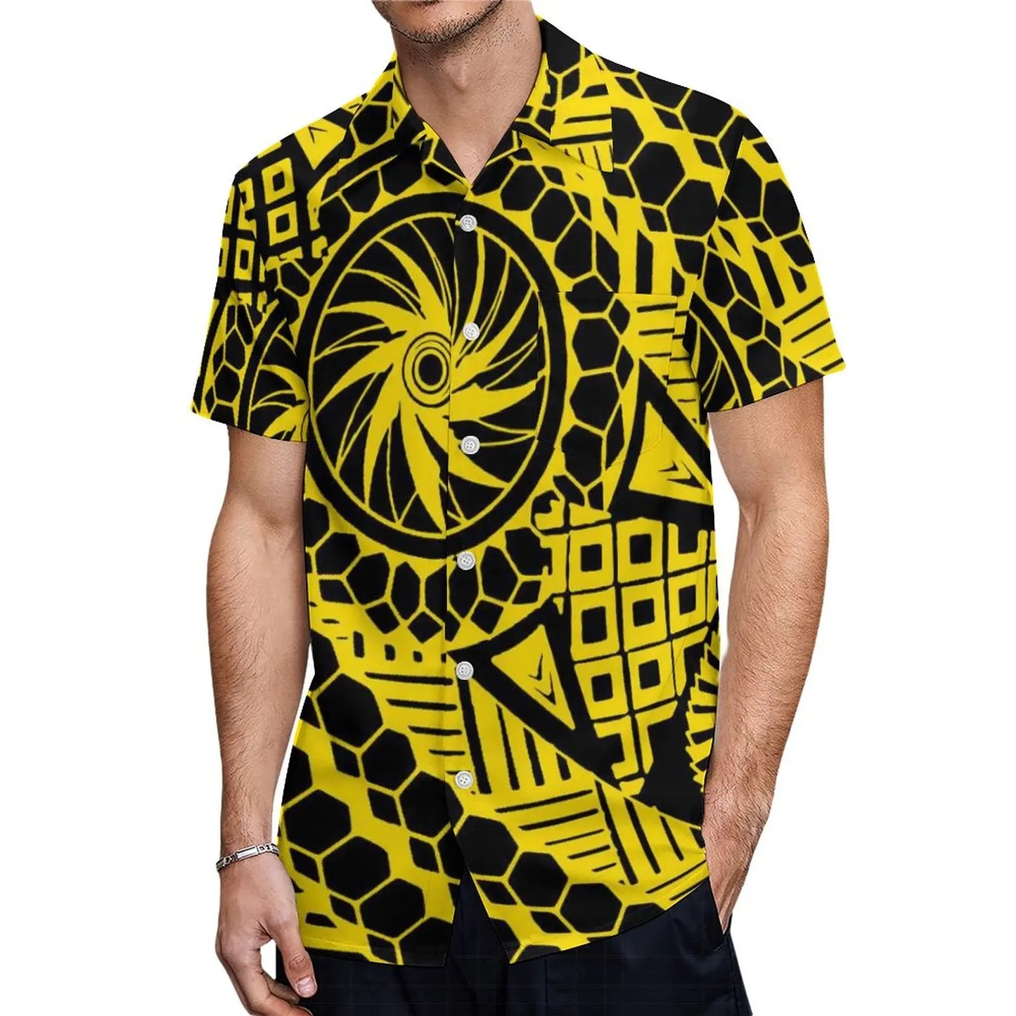 Polynesian Traditional Tribal Pattern Yellow Couple Set Puletasi Dress Man Shirt Matching Outfit