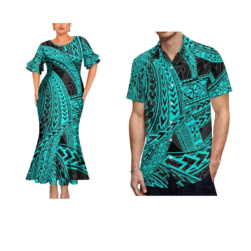 Polynesian Traditional Printed Green Fishtail Dress And Hawaiian Shirt Matching Outfit For Couple Set