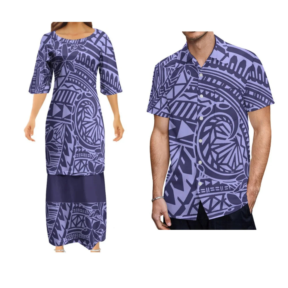 Samoa Matching Outfit Polynesian Polynesian Tribal Purple Pattern Dress And Hawaiian Shirt Couple Set