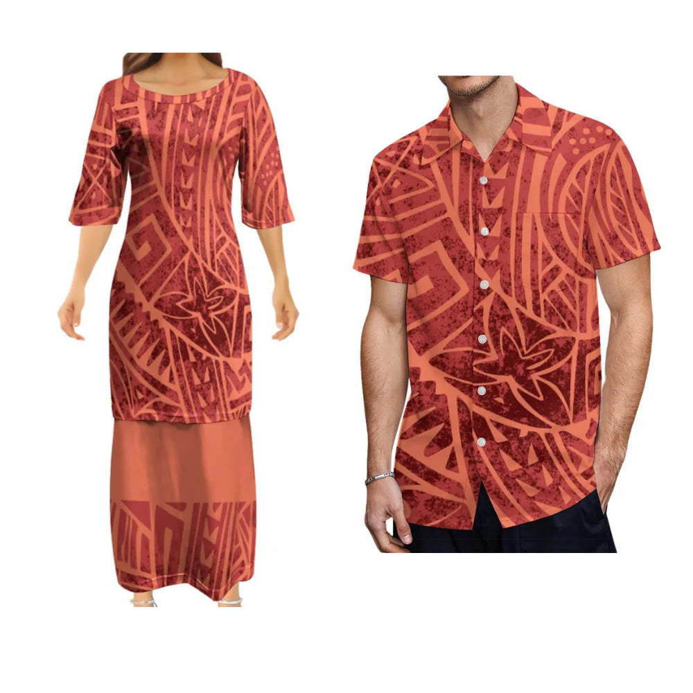 Samoa Tribal Matching Outfit Polynesian Orange Polynesian Pattern Dress And Hawaiian Shirt Couple Set