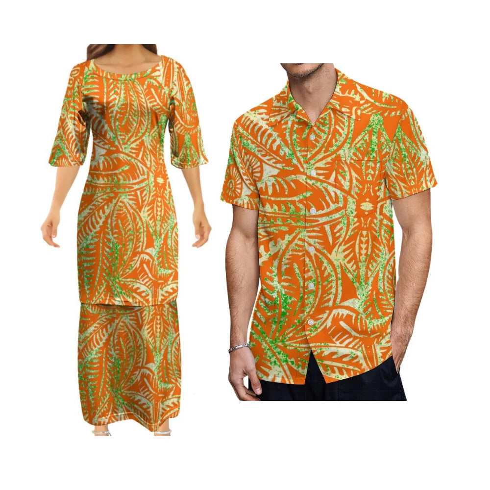 Tropical Leaf Polynesian Traditional Printed Orange Matching Outfit For Couple Tropical Island Puletasi Dress Man Shirt For Her Him