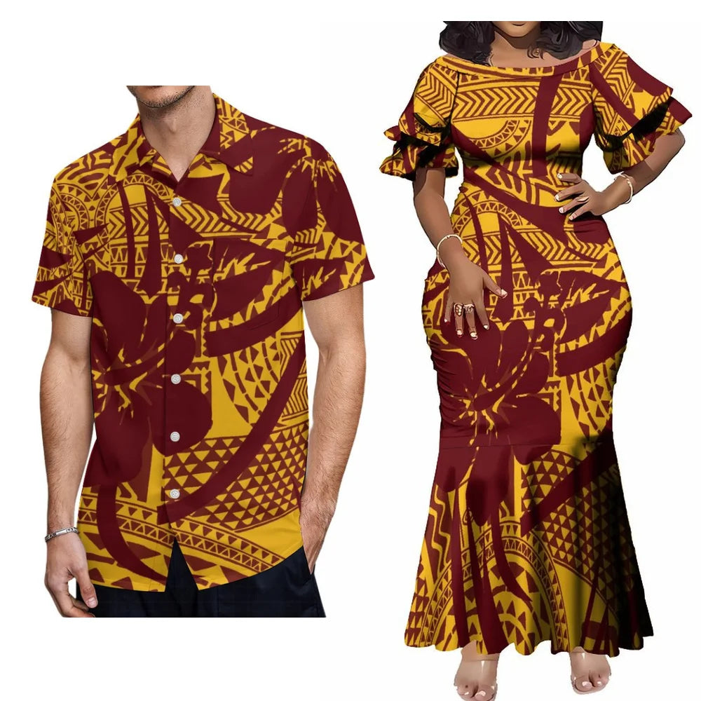 Polynesian Yellow Party Matching Outfit For Couple Flowers Island Fishtail Dress And Hawaiian Shirt