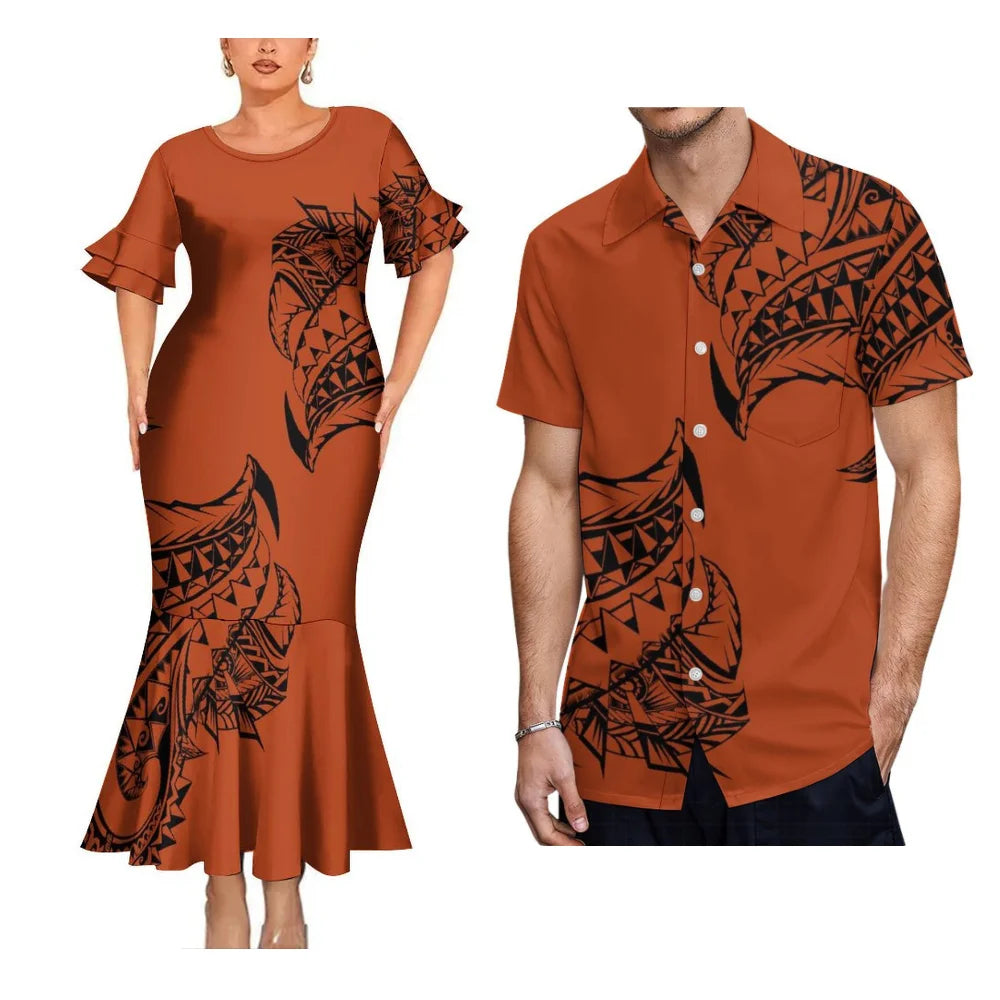 Polynesian Tribal Pattern Vintage Matching Clothes For Couple Fishtail Skirt Dress And Hawaii Shirt Couple Outfit