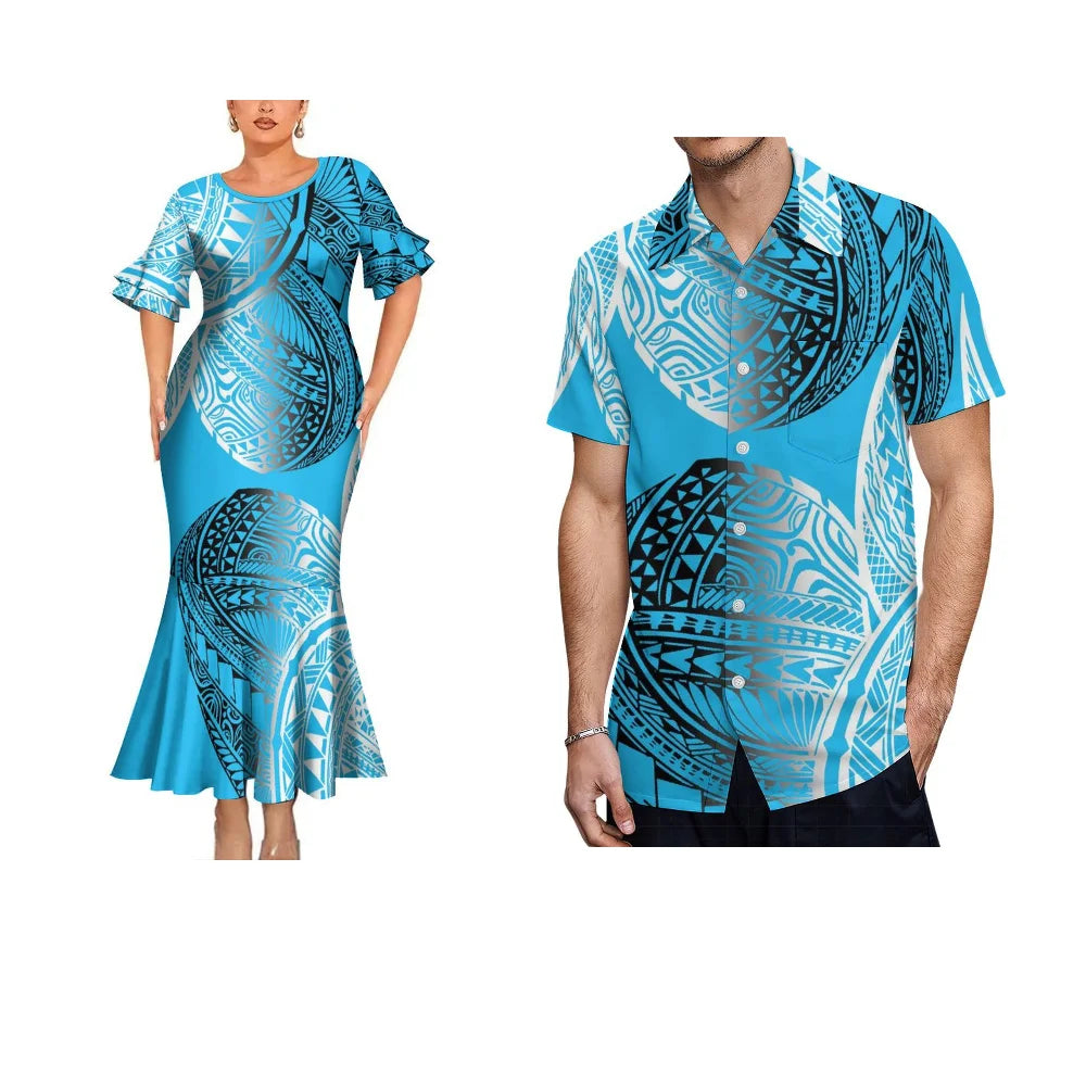 Polynesian Traditional Printed Blue Fishtail Dress And Hawaiian Shirt Matching Outfit For Couple Set