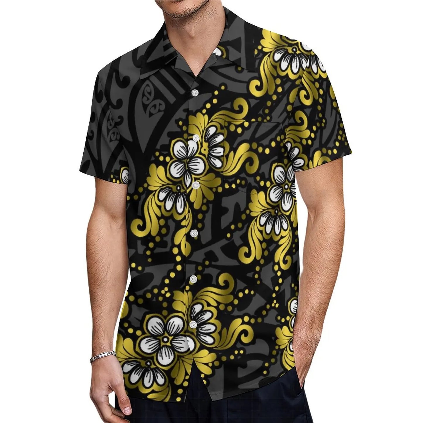 Polynesian Traditional Tribal Flowers Pattern Black Couple Set Puletasi Dress Man Shirt Matching Outfit