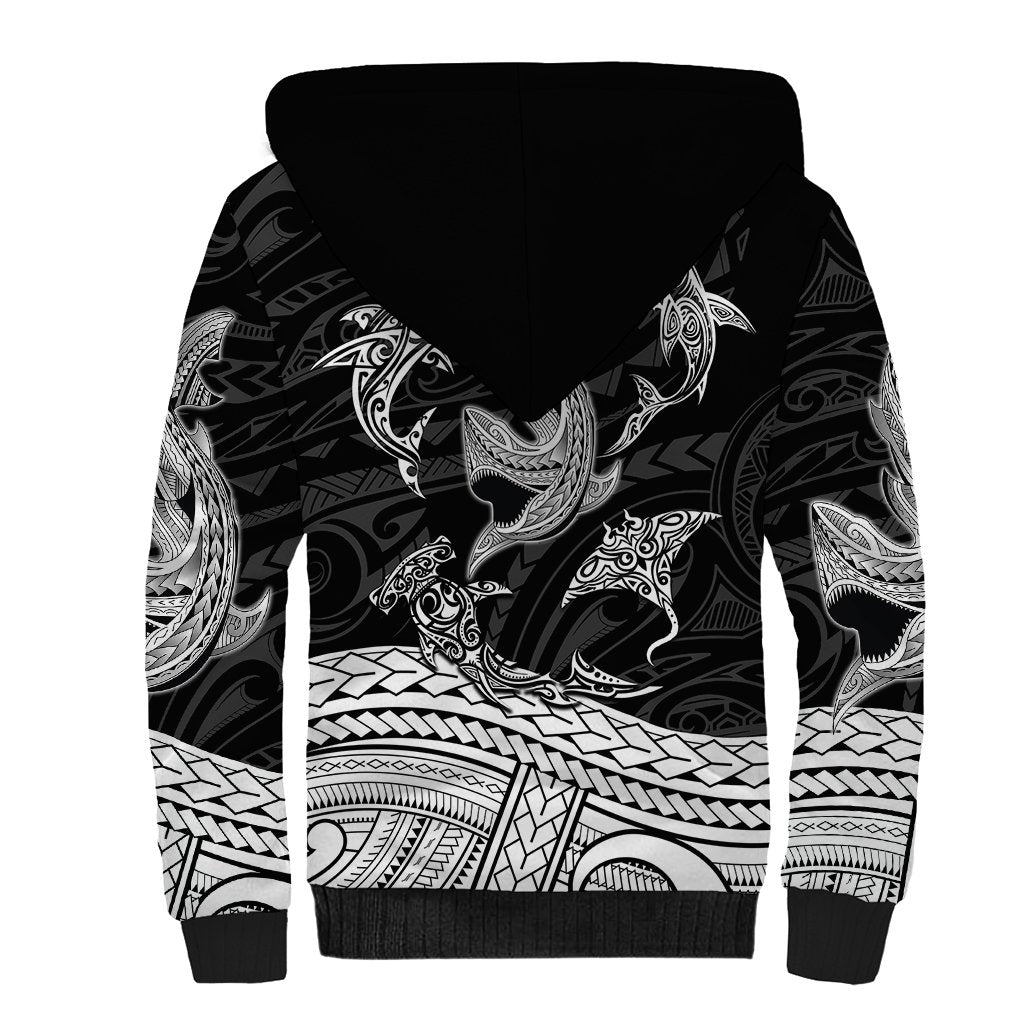 Polynesian Tribal Sherpa Hoodie with Sharks Tattoo White