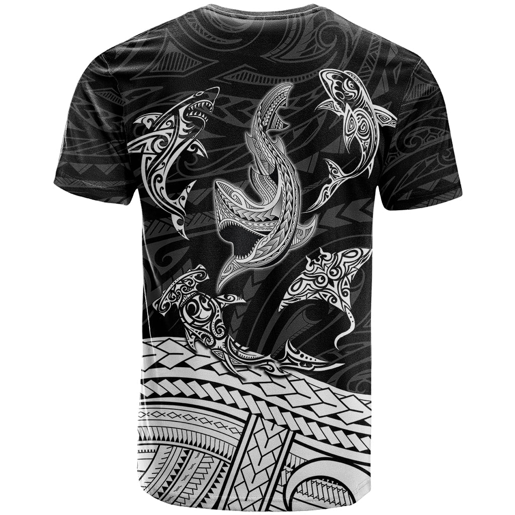 Polynesian Tribal T Shirt with Sharks Tattoo White