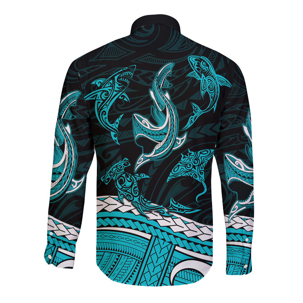 Polynesian Tribal Long Sleeve Button Shirt with Sharks Tattoo Green