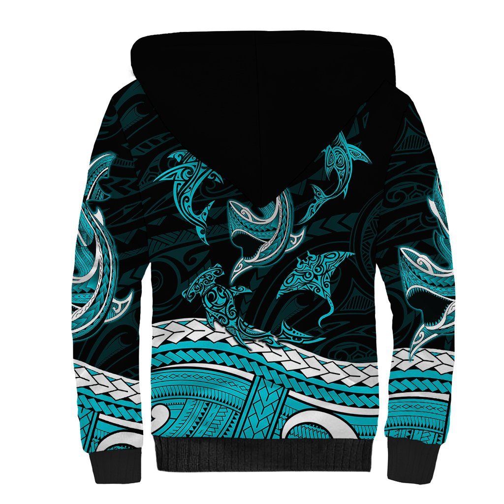 Polynesian Tribal Sherpa Hoodie with Sharks Tattoo Green