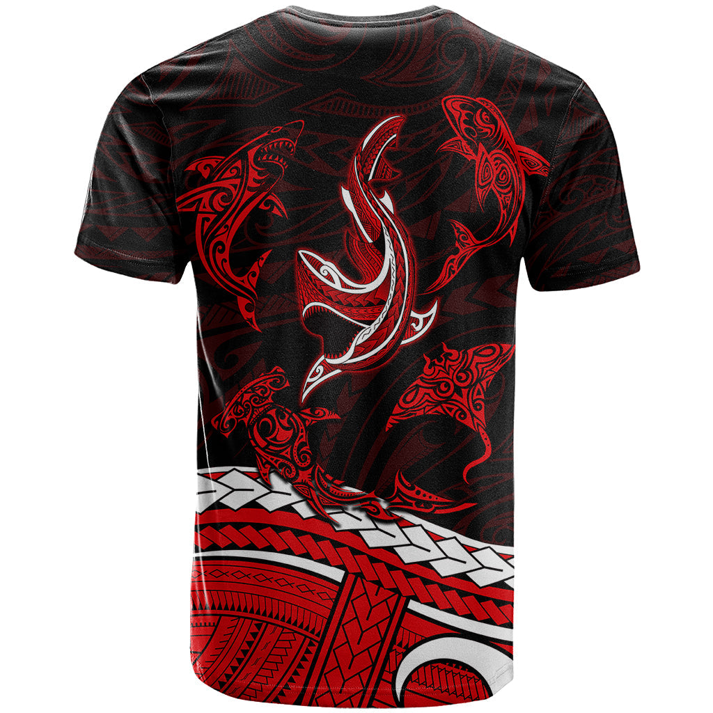 Polynesian Tribal T Shirt with Sharks Tattoo Red
