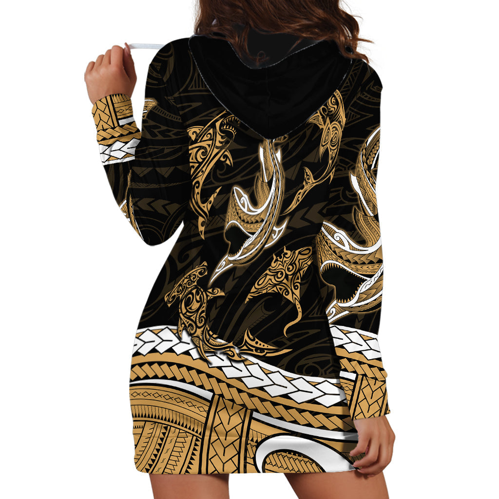 Polynesian Tribal Hoodie Dress with Sharks Tattoo Gold