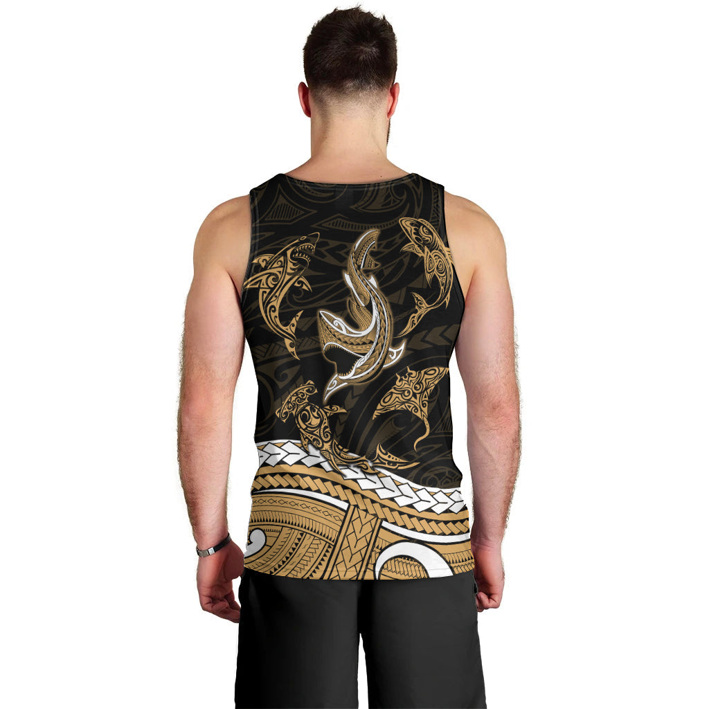 Polynesian Tribal Men Tank Top with Sharks Tattoo Gold