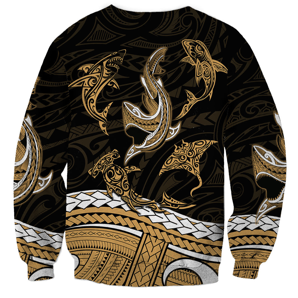 Polynesian Tribal Sweatshirt with Sharks Tattoo Gold