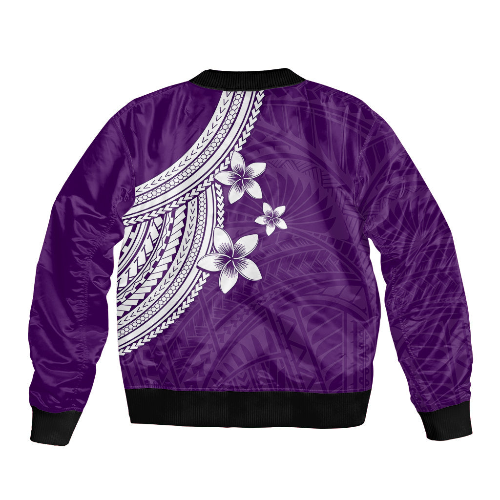 Polynesian Bomber Jacket With Plumeria Flower Purple