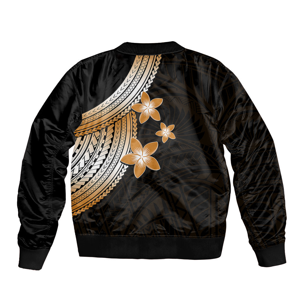 Polynesian Bomber Jacket With Plumeria Flower Gold