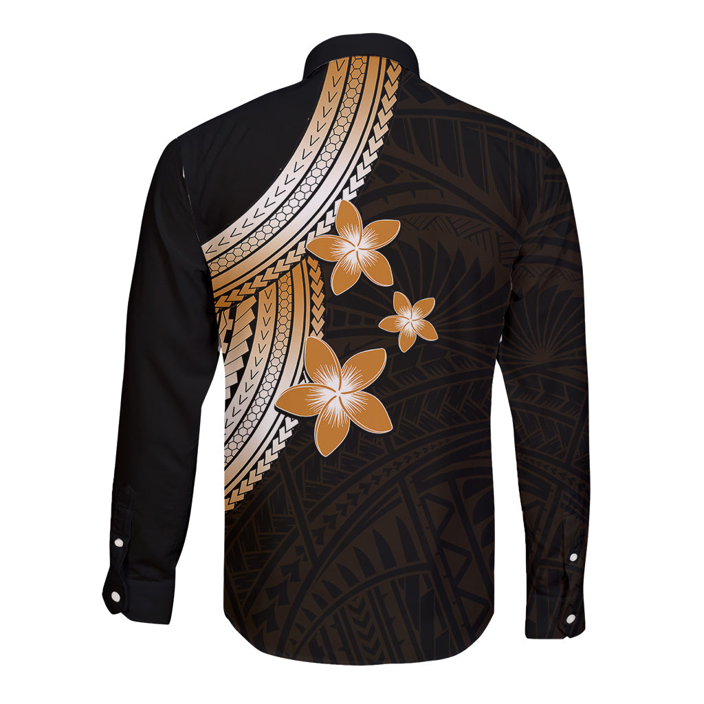 Polynesian Long Sleeve Button Shirt With Plumeria Flower Gold