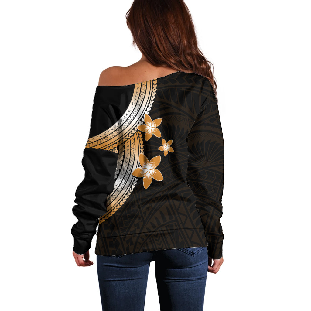 Polynesian Off Shoulder Sweater With Plumeria Flower Gold