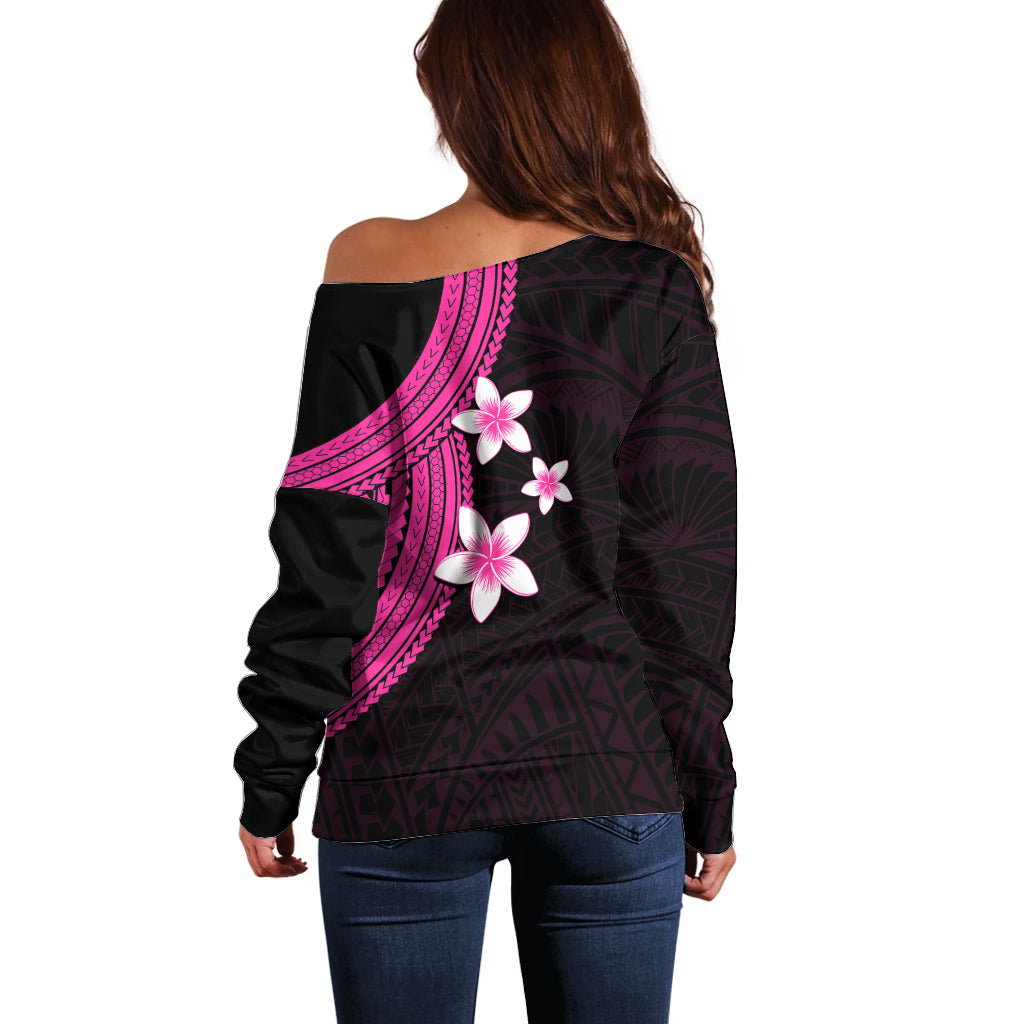Polynesian Off Shoulder Sweater With Plumeria Flower Pink