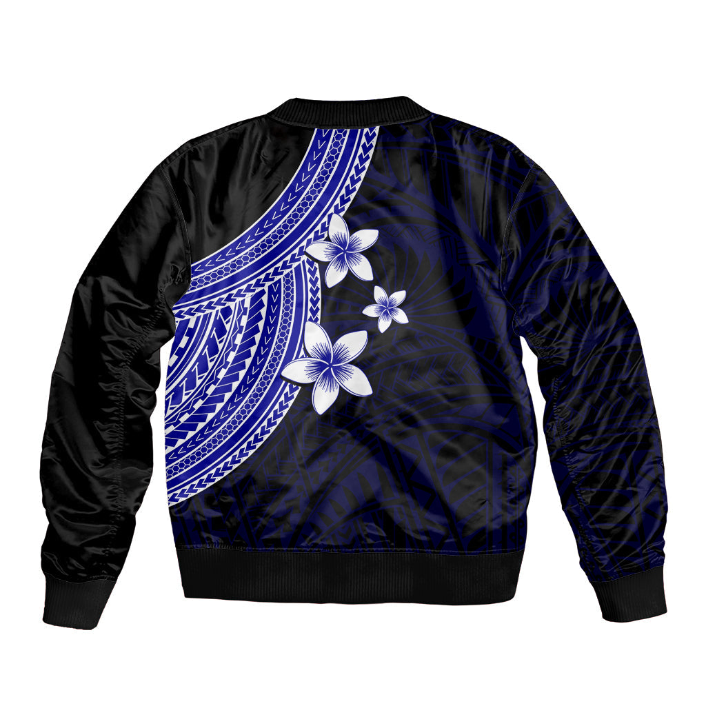 Polynesian Bomber Jacket With Plumeria Flower Blue