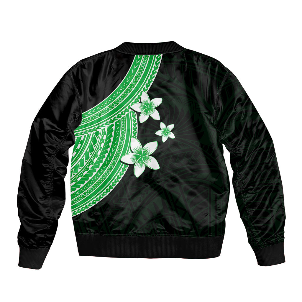 Polynesian Bomber Jacket With Plumeria Flower Green