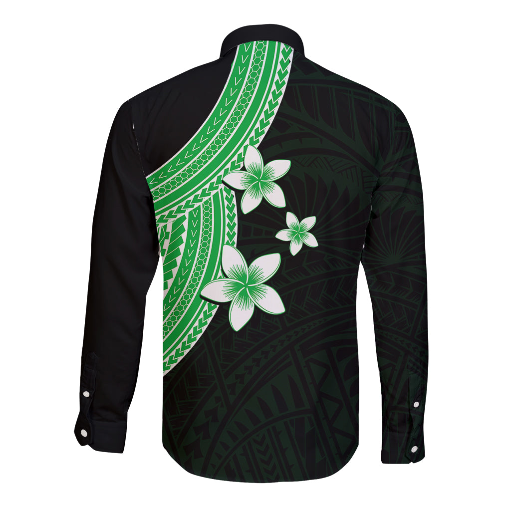 Polynesian Long Sleeve Button Shirt With Plumeria Flower Green