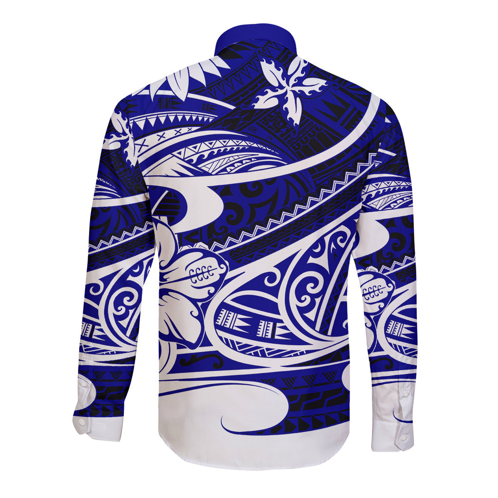 Polynesian Tribal Long Sleeve Button Shirt Blue
