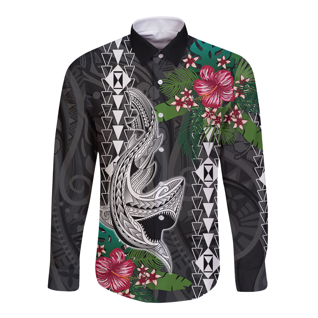 Hawaii Kakau Long Sleeve Button Shirt Mix Sharks Polynesian Hibiscus