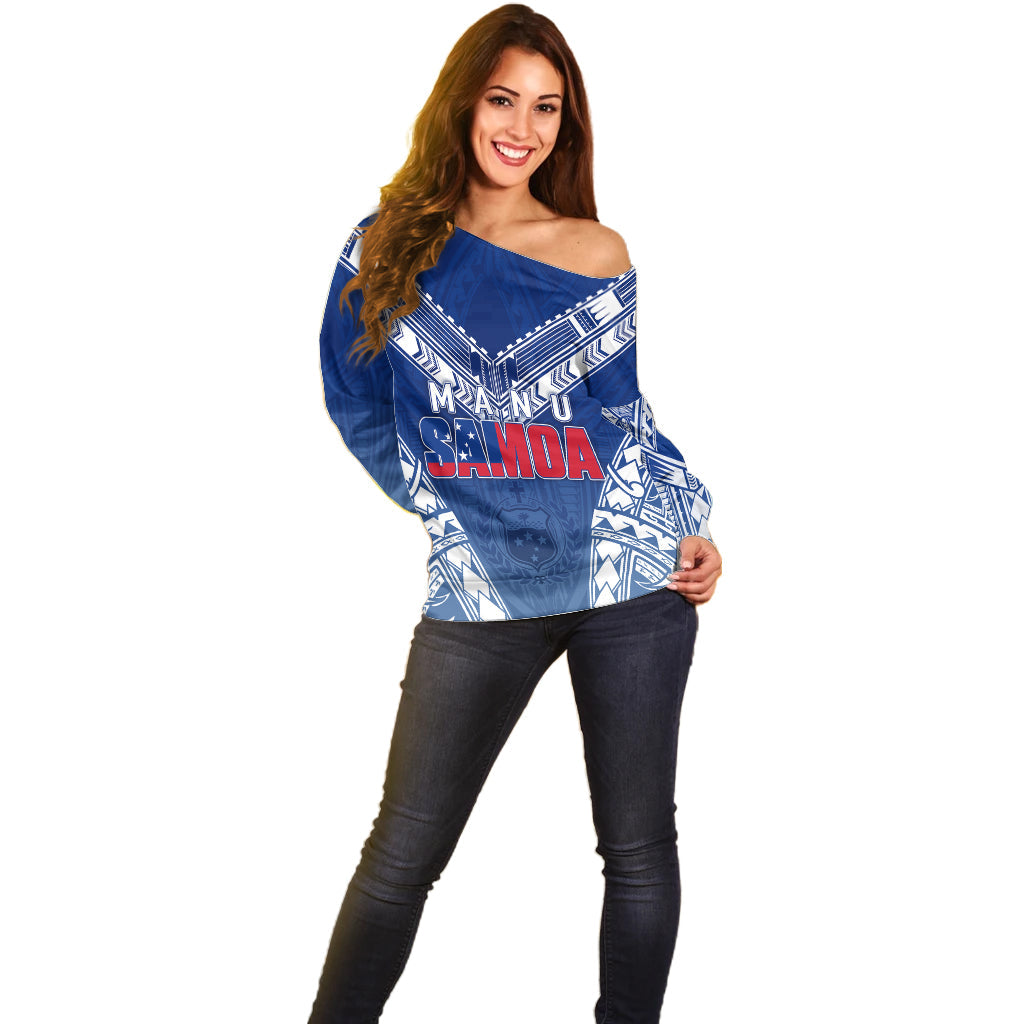 Personalised Samoa Rugby Off Shoulder Sweater Manu Samoa Gradient Blue