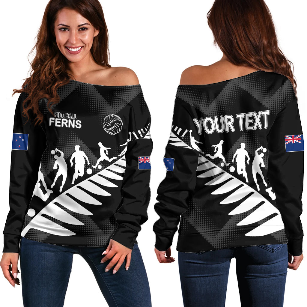 Personalised New Zealand Football Ferns Off Shoulder Sweater Women World Cup 2023 Sporty Vibes