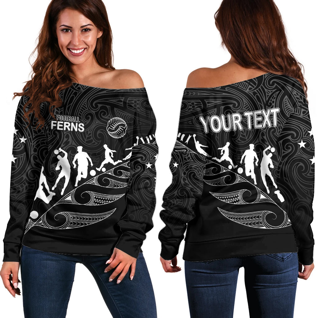 Personalised New Zealand Football Ferns Off Shoulder Sweater Women World Cup 2023 Tribal Koru Pattern