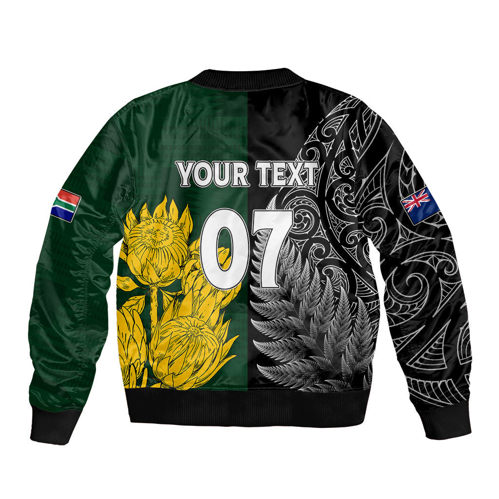Personalised New Zealand Mix South Africa Rugby Bomber Jacket Protea Vs. Silver Ferns