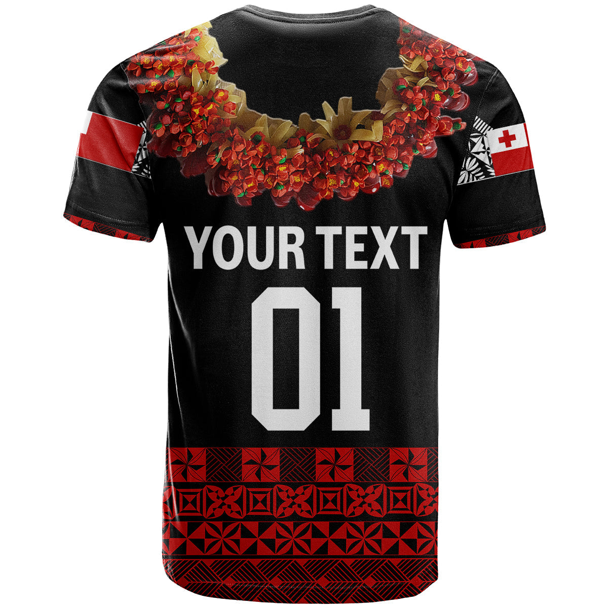 Custom Personalised Tonga Emancipation Day T Shirt Independence Day - Fancy Kahoa Heilala Flower - Black Red