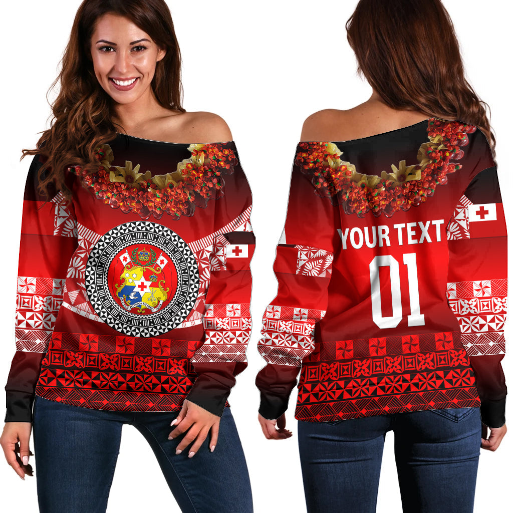 (Custom Personalised) Tonga Emancipation Day Off Shoulder Sweater Independence Day Fancy Kahoa Heilala Flower Gradient