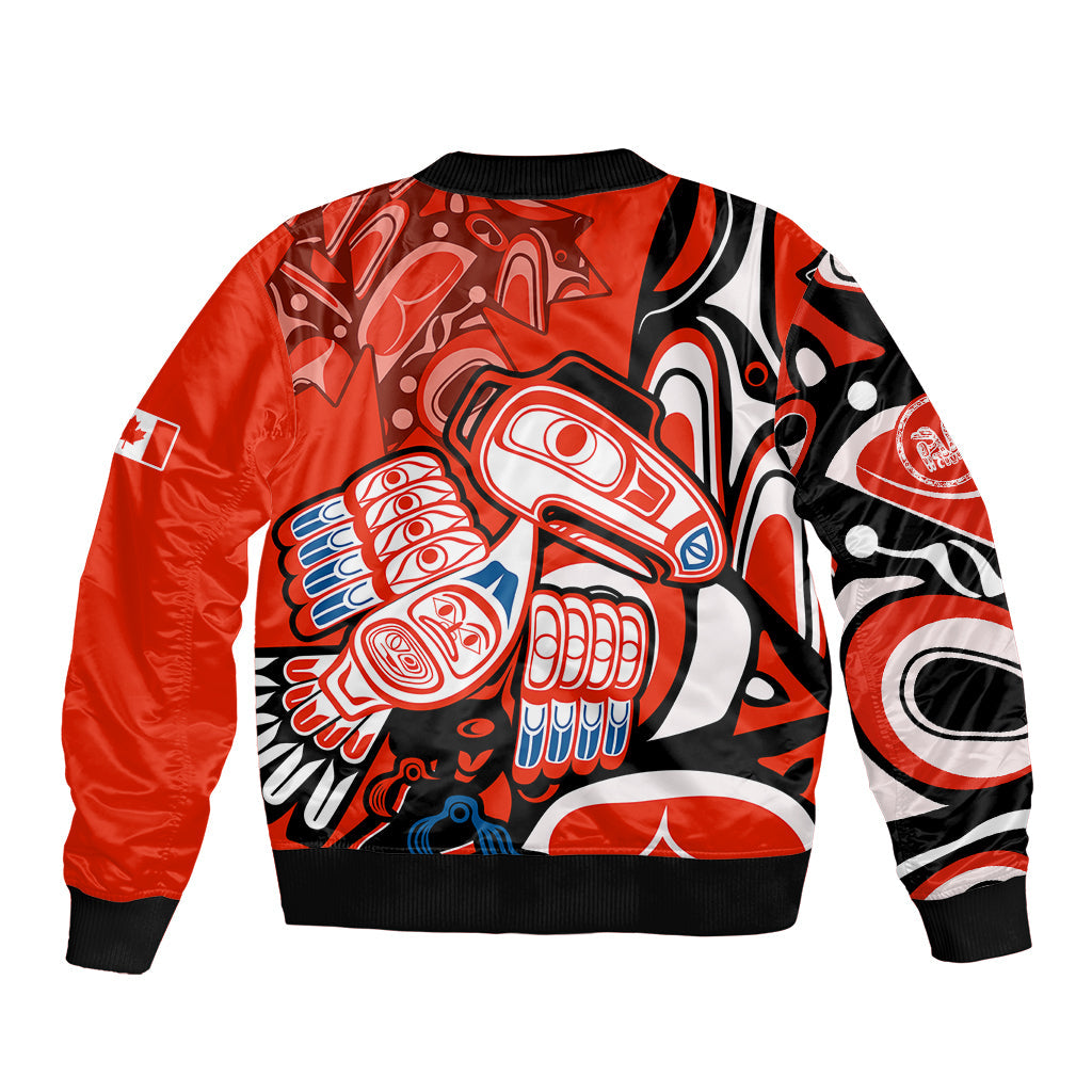(Custom Personalised) Canada Haida Sleeve Zip Bomber Jacket Classic Haida Stylized Raven In Red