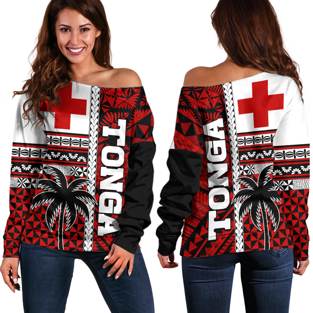 Tonga Kupesi Ngatu Off Shoulder Sweater Proud Tonga with Flag and Palm Tree