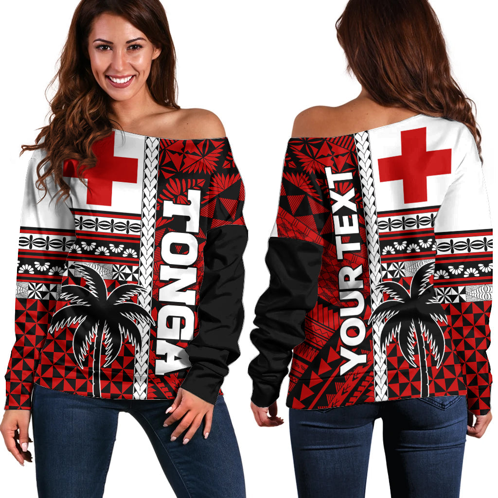 (Custom Personalised) Tonga Kupesi Ngatu Off Shoulder Sweater Proud Tonga with Flag and Palm Tree