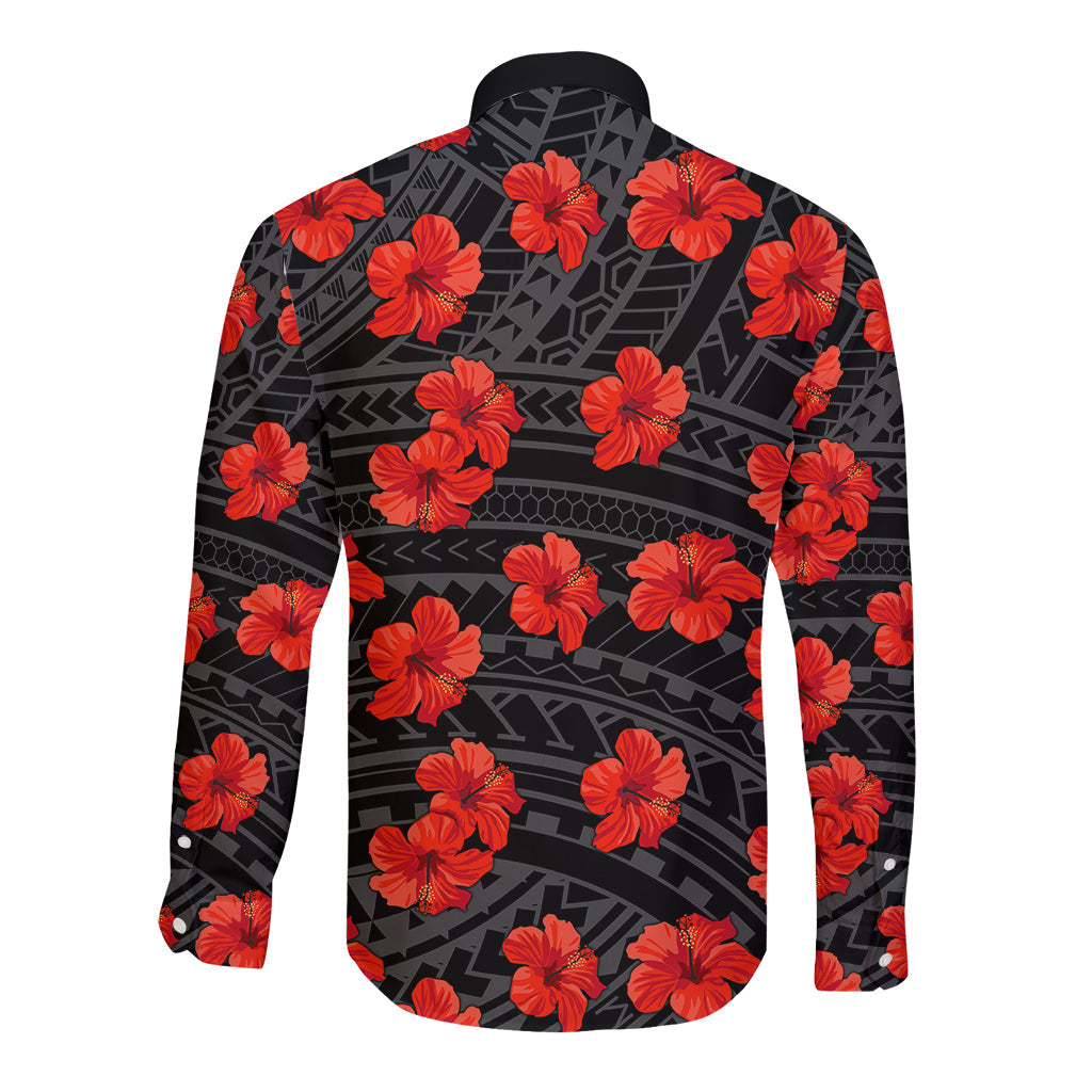 Polynesian Hawaii Style With Hibiscus Long Sleeve Button Shirt Black