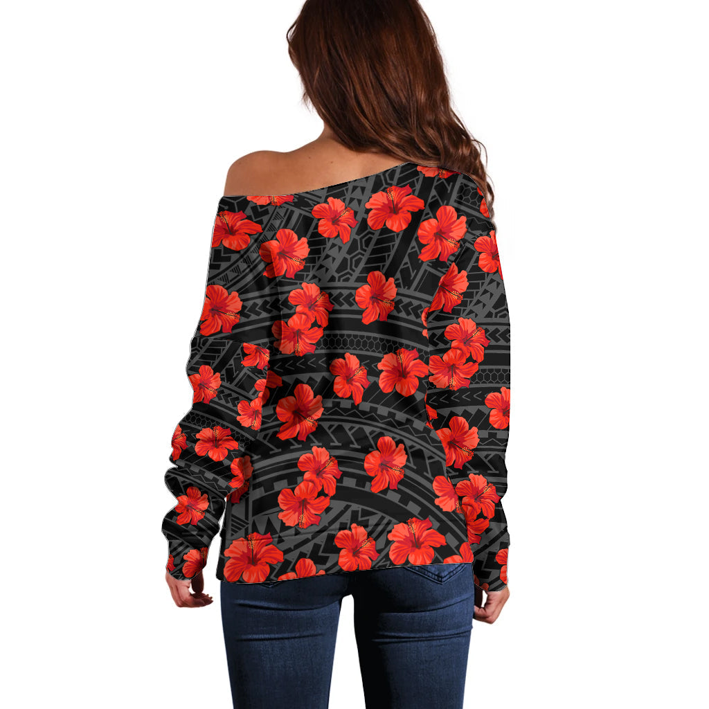 Polynesian Hawaii Style With Hibiscus Off Shoulder Sweater Black