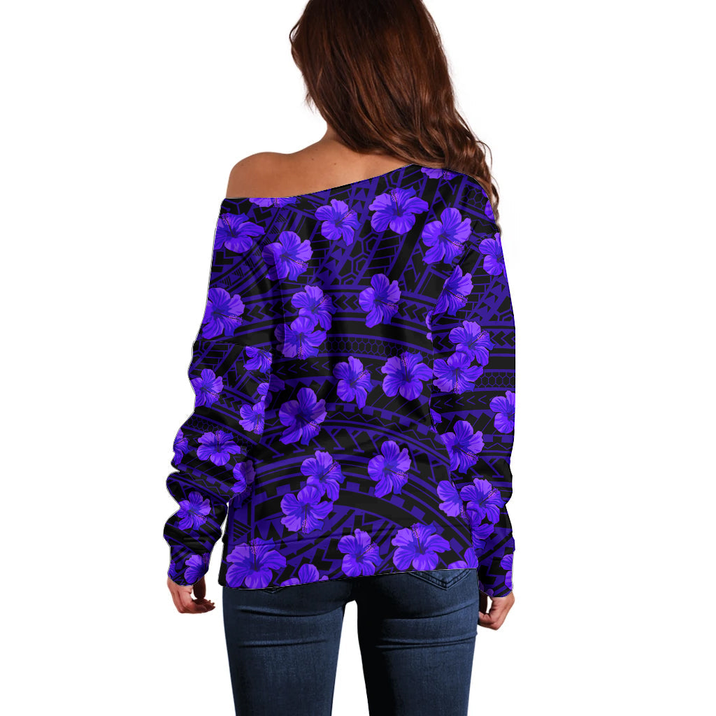 Polynesian Hawaii Style With Hibiscus Off Shoulder Sweater Blue