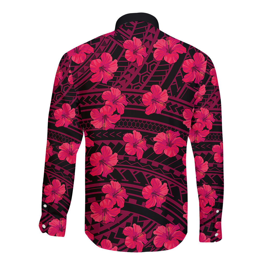 Polynesian Hawaii Style With Hibiscus Long Sleeve Button Shirt Pink