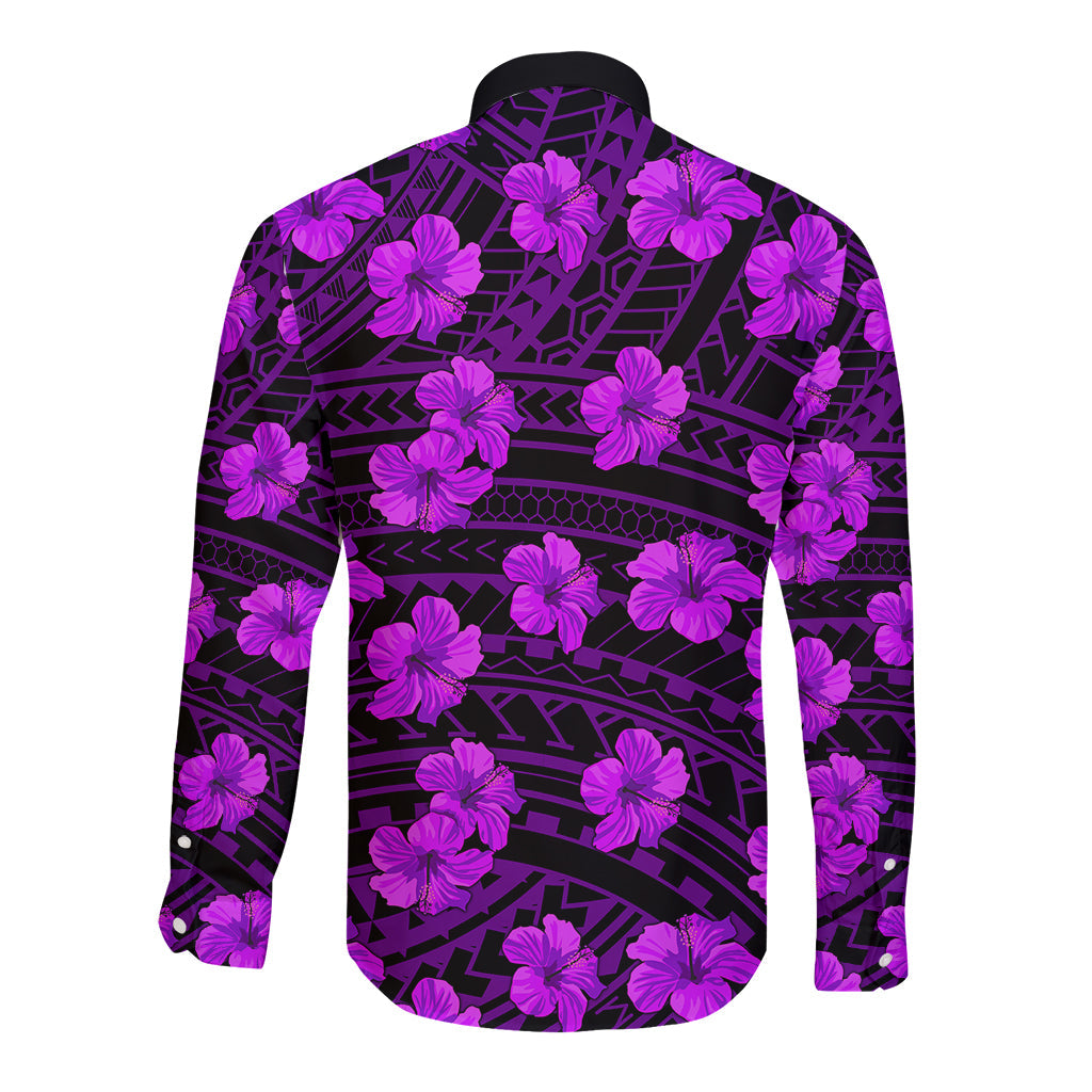 Polynesian Hawaii Style With Hibiscus Long Sleeve Button Shirt Purple