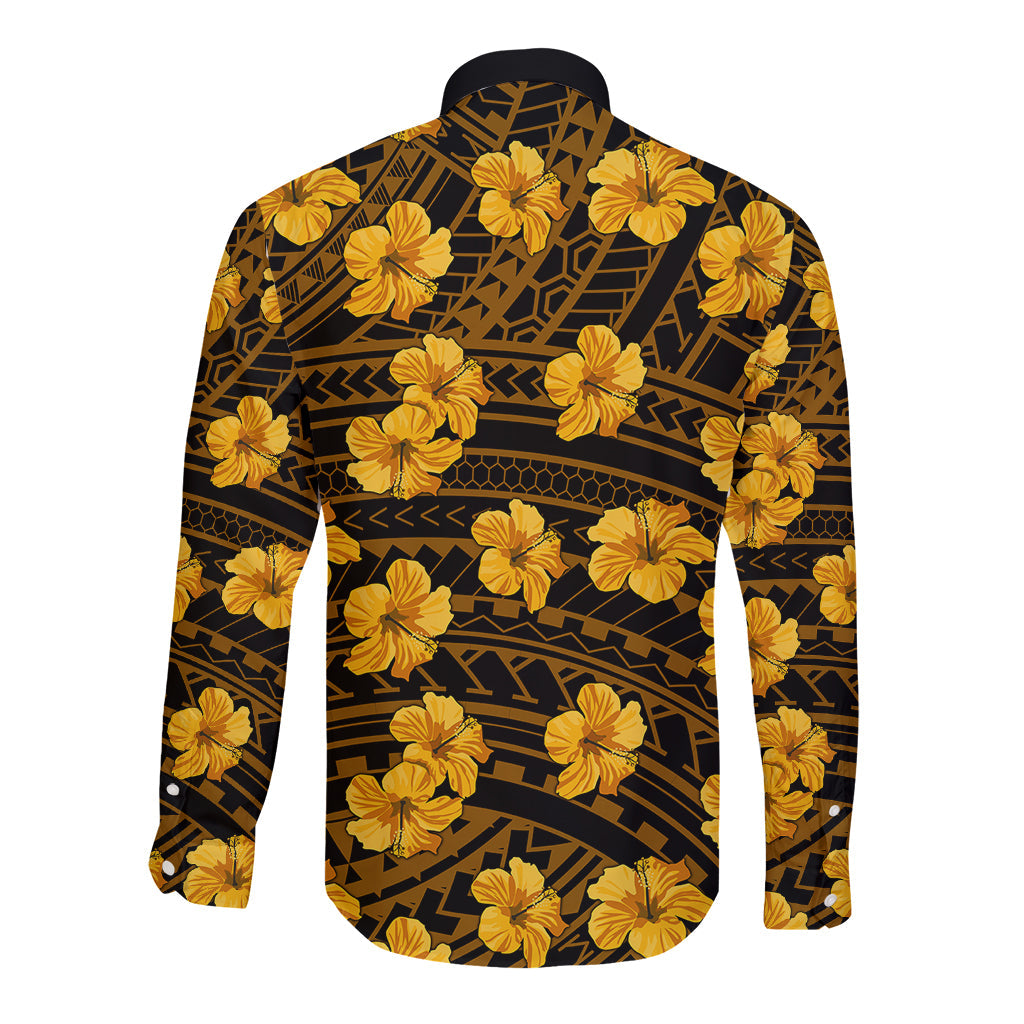 Polynesian Hawaii Style With Hibiscus Long Sleeve Button Shirt Yellow