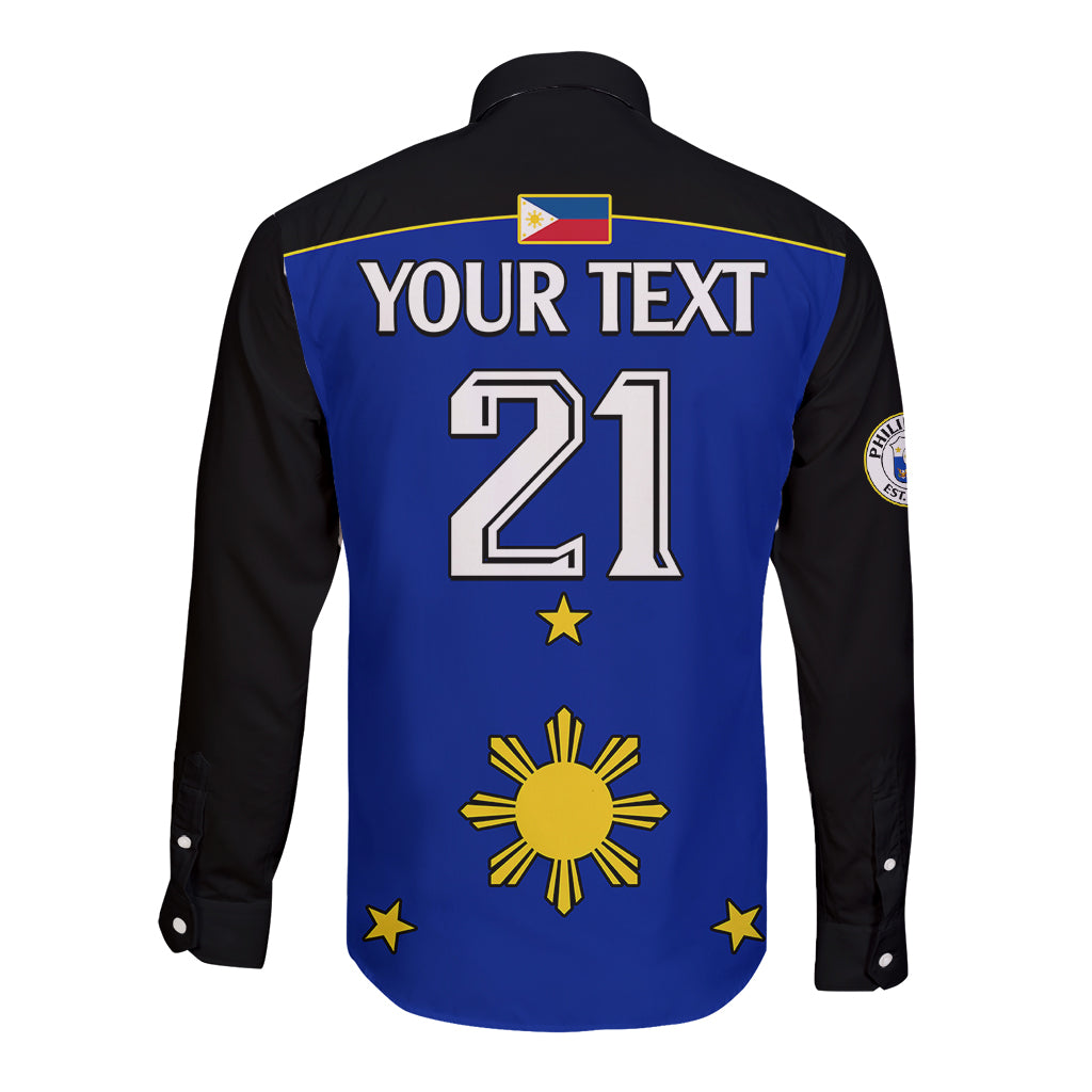 (Custom Text And Number) Philippines Concept Home Football Long Sleeve Button Shirt Pilipinas Flag Black Style 2023