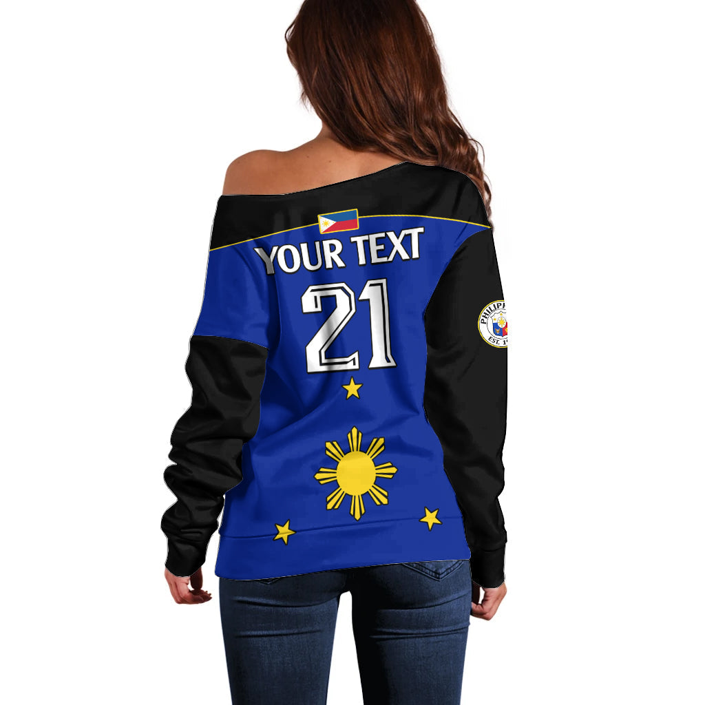 (Custom Text And Number) Philippines Concept Home Football Off Shoulder Sweater Pilipinas Flag Black Style 2023