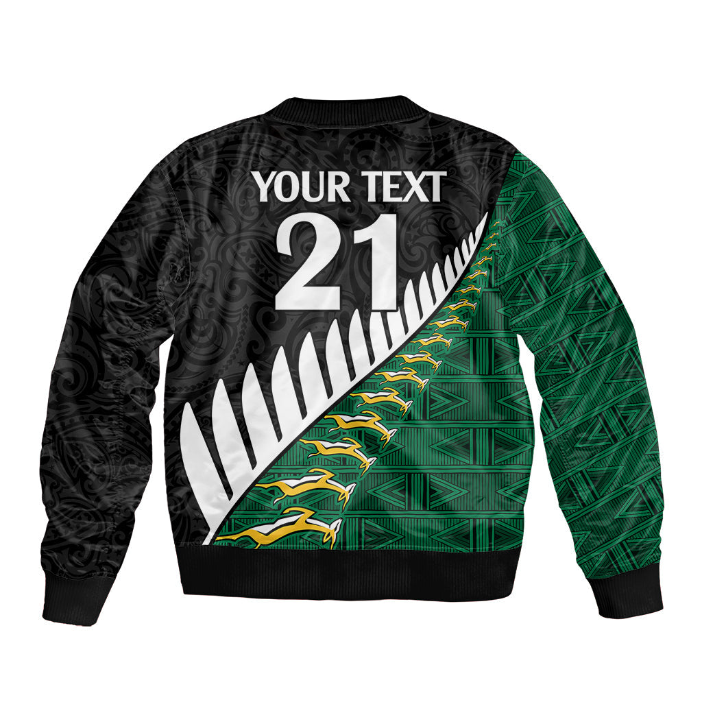 Custom South Africa and Aotearoa Rugby Sleeve Zip Bomber Jacket Springboks Black Fern Maori Vibe