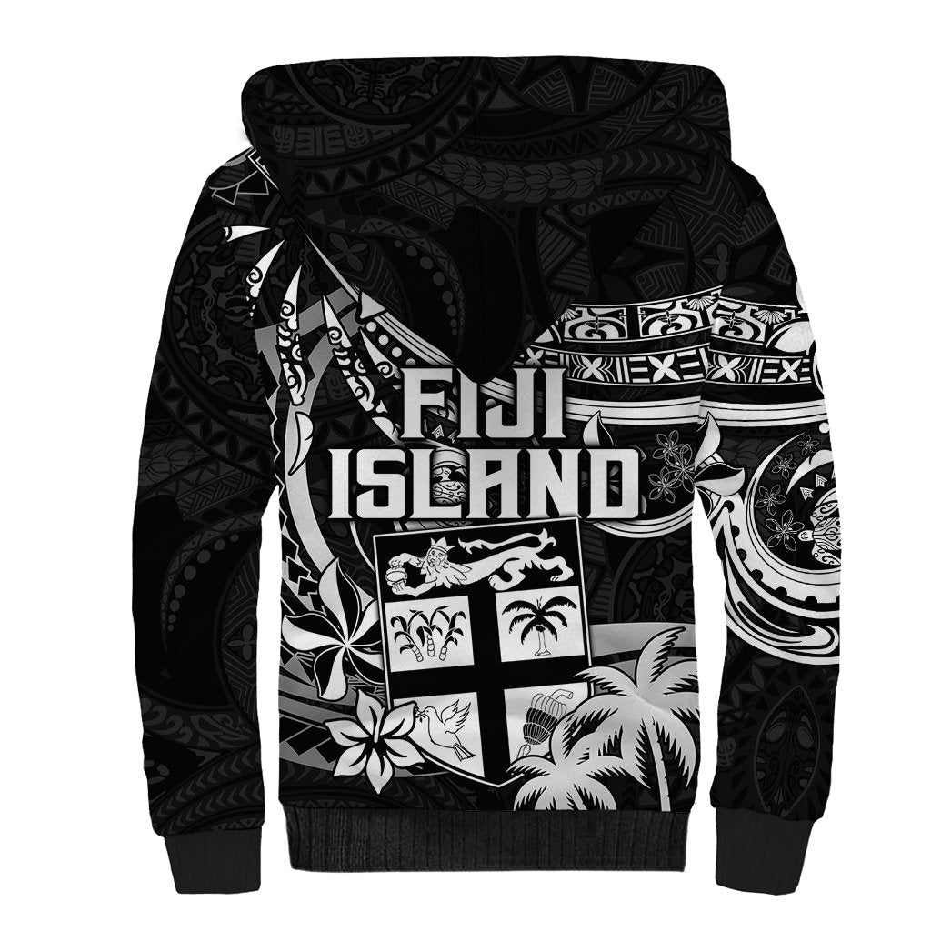 Fiji Islands Sherpa Hoodie Coat of Arms Fijian Flower Polynesian Pattern Black