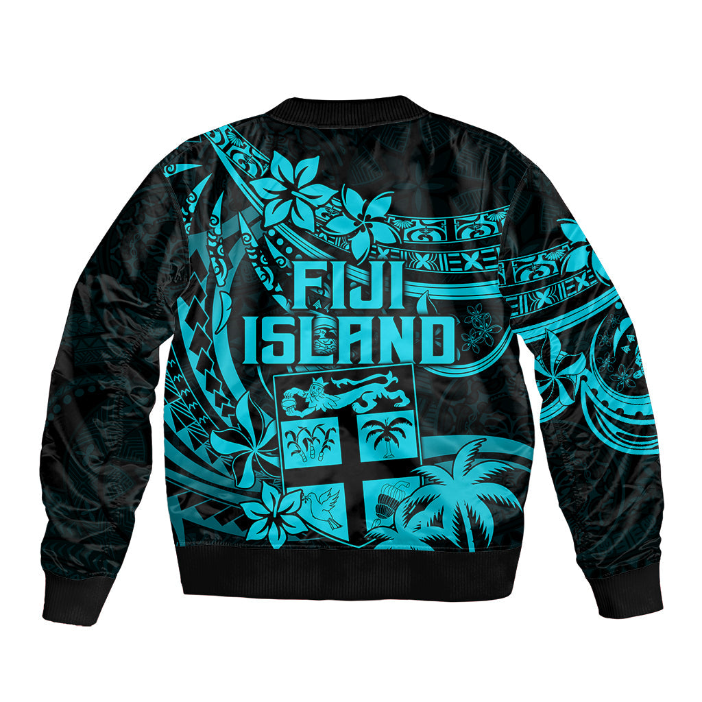 Fiji Islands Bomber Jacket Coat of Arms Fijian Flower Polynesian Pattern Aqua