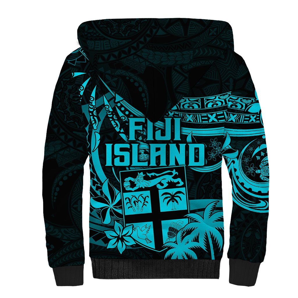 Fiji Islands Sherpa Hoodie Coat of Arms Fijian Flower Polynesian Pattern Aqua