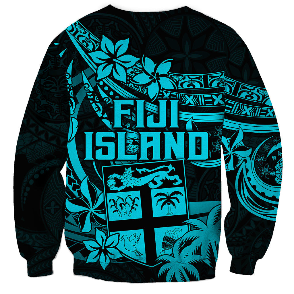 Fiji Islands Sweatshirt Coat of Arms Fijian Flower Polynesian Pattern Aqua