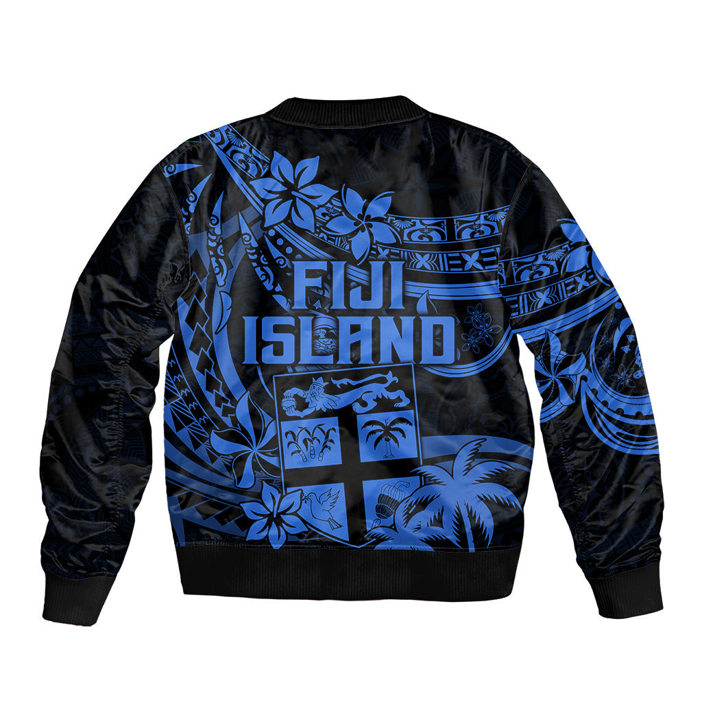 Fiji Islands Bomber Jacket Coat of Arms Fijian Flower Polynesian Pattern Blue